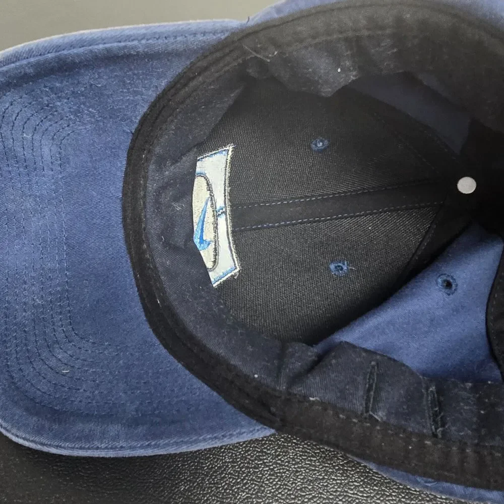 VINTAGE Nike Hat Cap Mens One Size Blue‎ Swoosh Spellout Logo Distressed Y2K